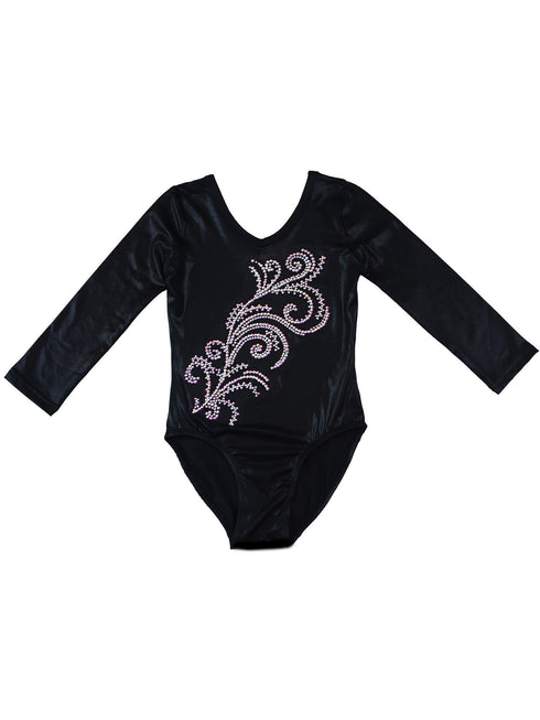Girls Black Long Sleeve Glitter Rhinestone Competition Leotard 9M-8 - SophiasStyle.com